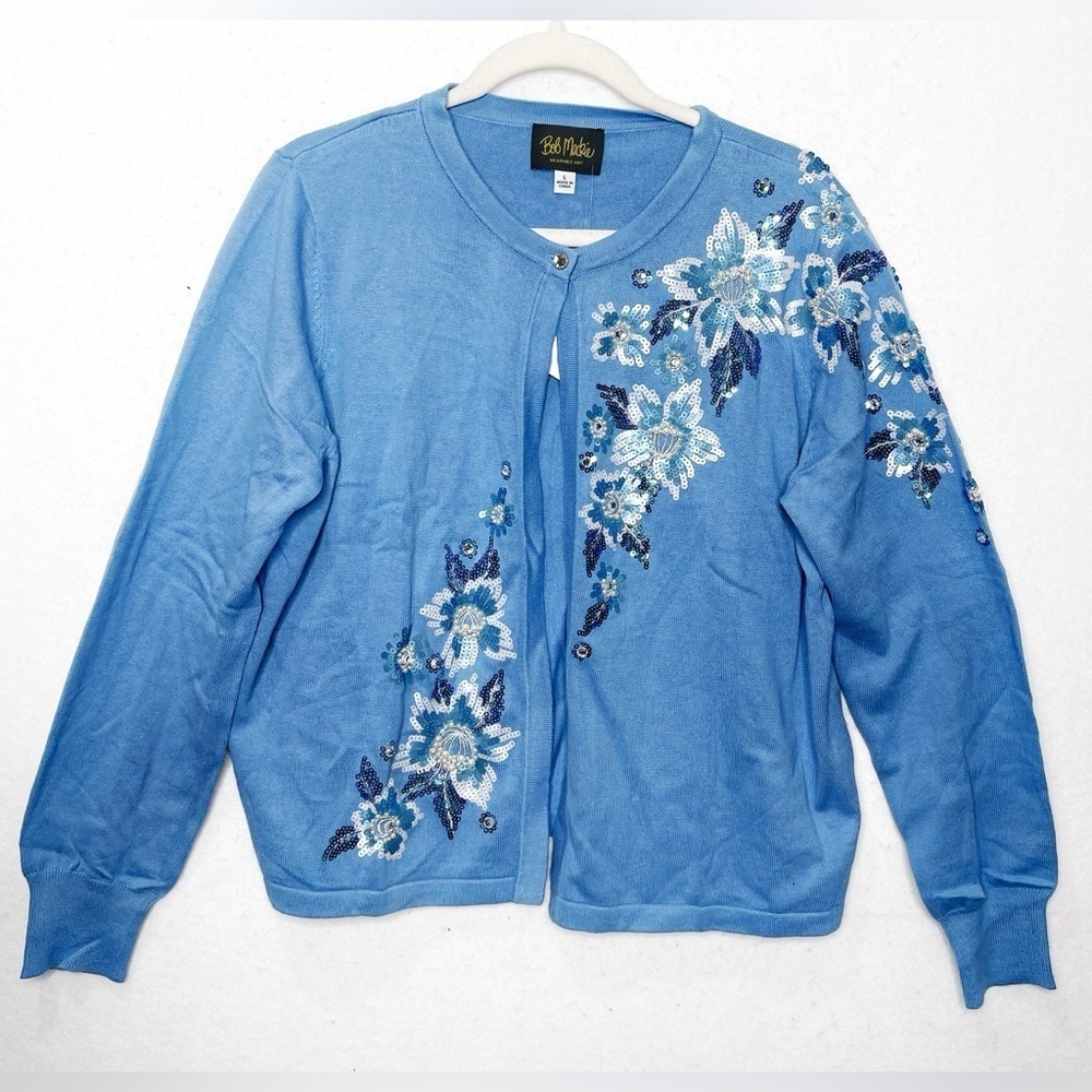 Bob Mackie Wearable Art Sequin Beaded Rhinestone Blue Cardigan